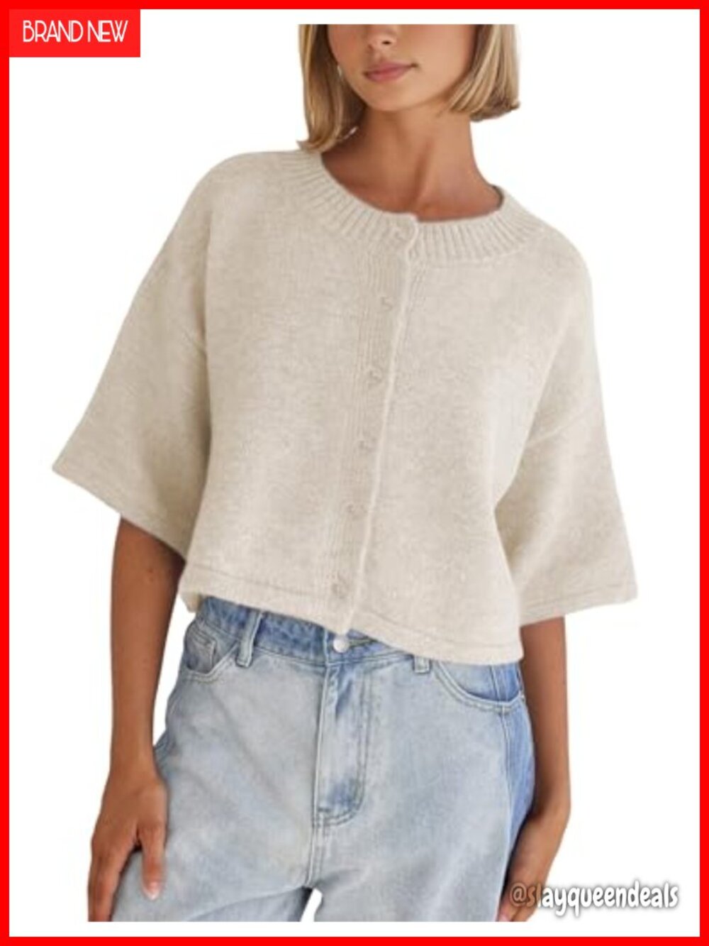 Lightweight Cropped Knit Cardigan Button-Up 3/4 Sleeve Women's Sweater